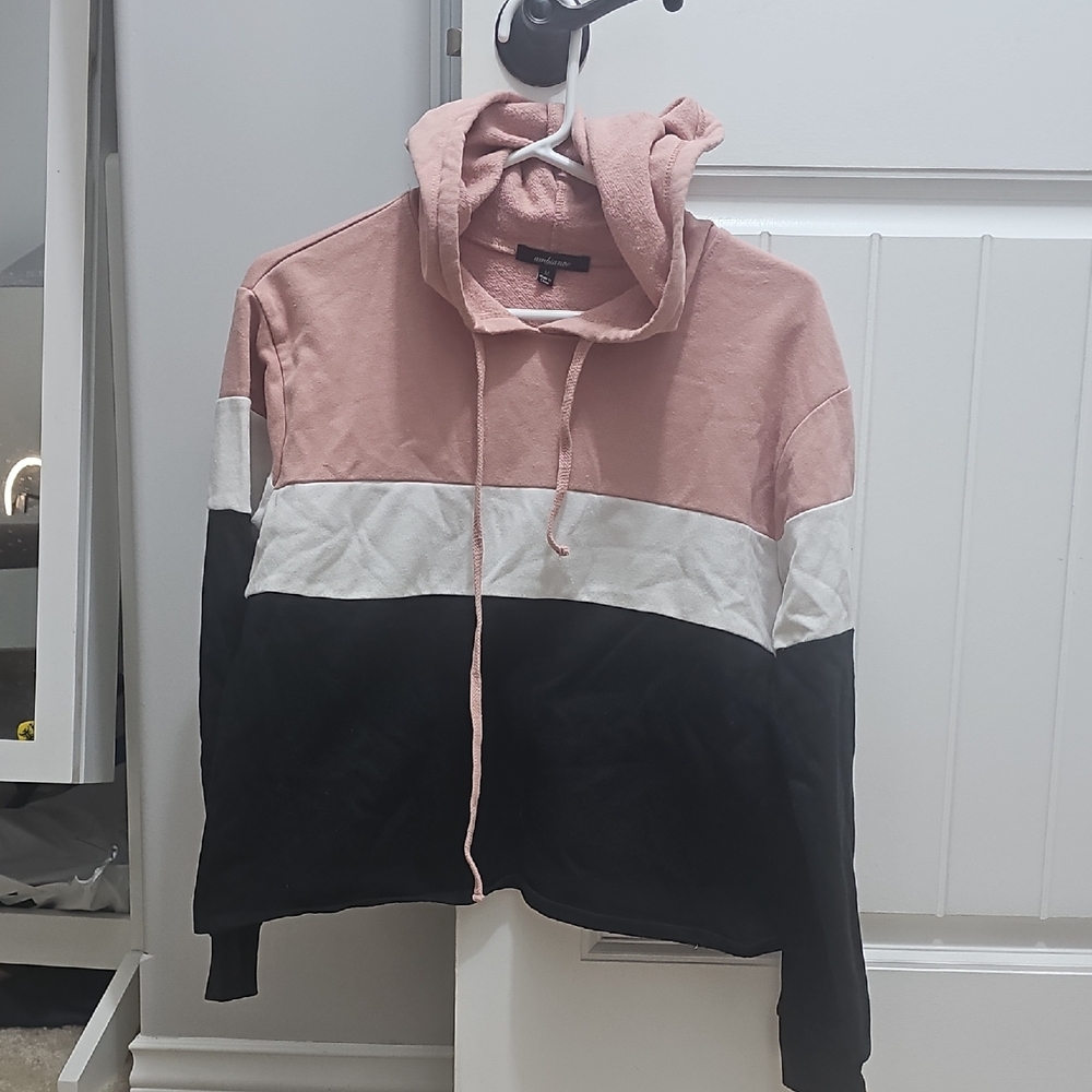 Ambiance Pink, White, and Black Crop Top Hoodie Medium